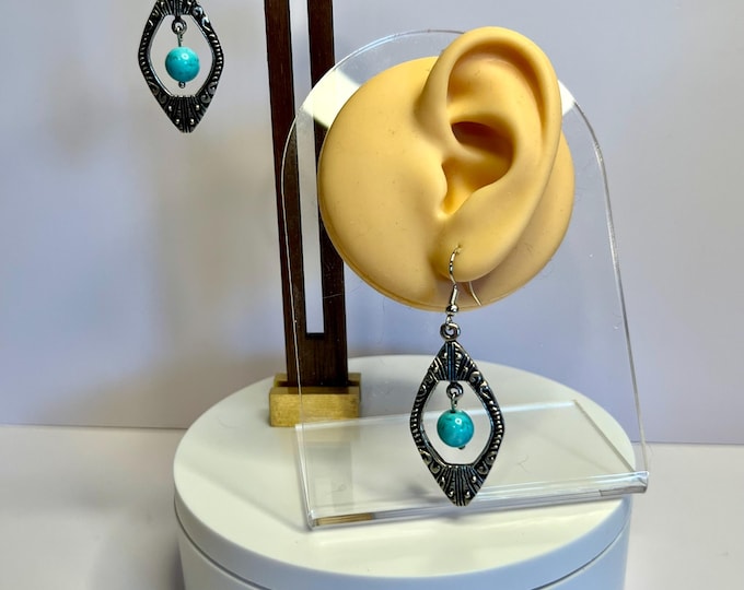 Handcrafted Silver Open-Frame Turquoise Dangle Earrings