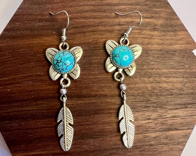 Turquoise-Tone Butterfly Feather Dangles, cscuriositycupboard
