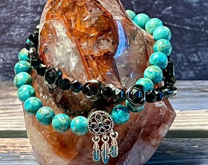 The Roxie Bracelet.     South Western stack bracelet Black faceted Agate, African Turquoise with dream catcher/feather charm.