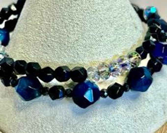 Midnight Clarity: Blue Tiger Eye & Black Agate Double Band Bracelet