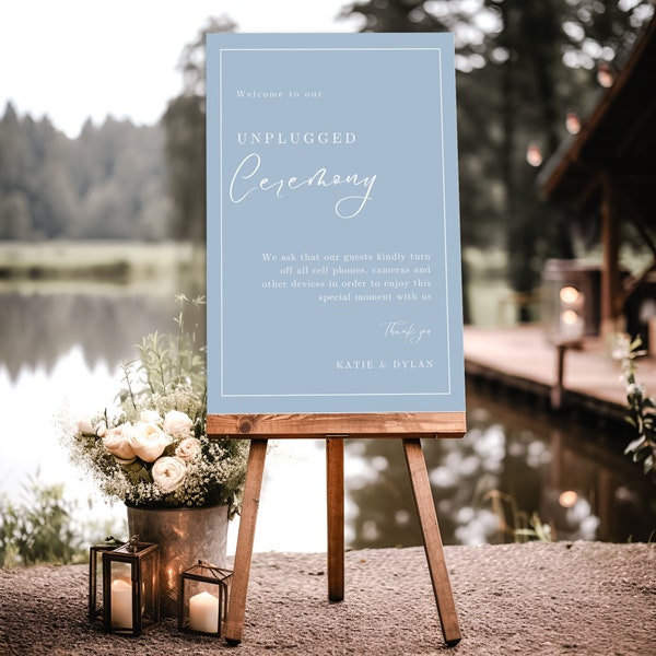 Simple minimalist Unplugged Ceremony Welcome sign editable template INSTANT DOWNLOAD printable diy wedding sign Dusty Blue EM02