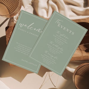 Plantilla minimalista de carta de bienvenida para boda y cronograma de eventos (descarga instantánea). Elegante nota de bienvenida DIY. Verde salvia polvoriento EM04.