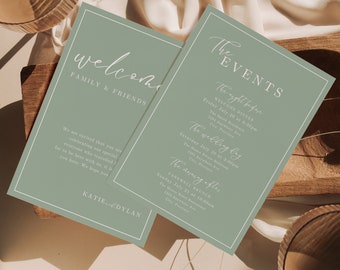 Simple Minimalist Wedding Welcome Letter and Events Timeline Template INSTANT DOWNLOAD Elegant DIY Welcome Bag Note Dusty Sage Green EM04