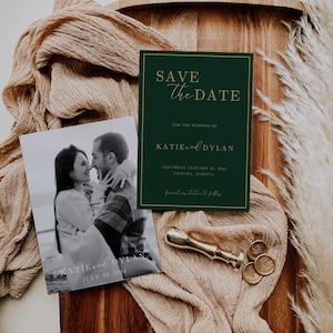 Moderne minimalistische Save the Date Karte mit Foto, INSTANT DOWNLOAD, einfach Save our date einladen, DIY bearbeitbare Vorlage, Smaragd & Gold EM07