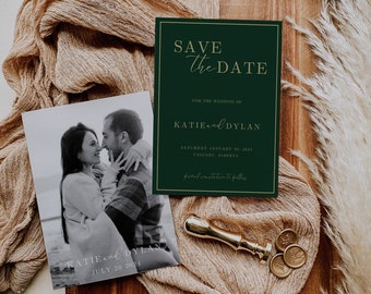 May include: Save the date card with a green background and gold text. The card says "Save the Date" for the wedding of Katie and Dylan on Saturday, January 20, 2024 in Calgary, Alberta.  A black and white photo of the couple is in the background.