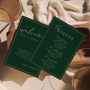 Plantilla minimalista de carta de bienvenida para boda y cronograma de eventos (descarga instantánea). Elegante nota de bienvenida DIY en color esmeralda y dorado EM07.