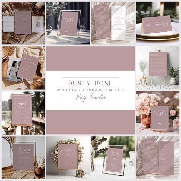 Elegant Dusty Pink Wedding Stationary Template Bundle INSTANT DOWNLOAD DIY Simple Wedding Signage and Invitation Bundle EM03