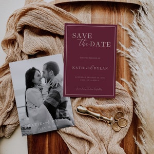 Moderne minimalistische Save the Date Karte mit Foto, INSTANT DOWNLOAD, einfach Save our date einladen, DIY bearbeitbare Vorlage, Burgund EM08