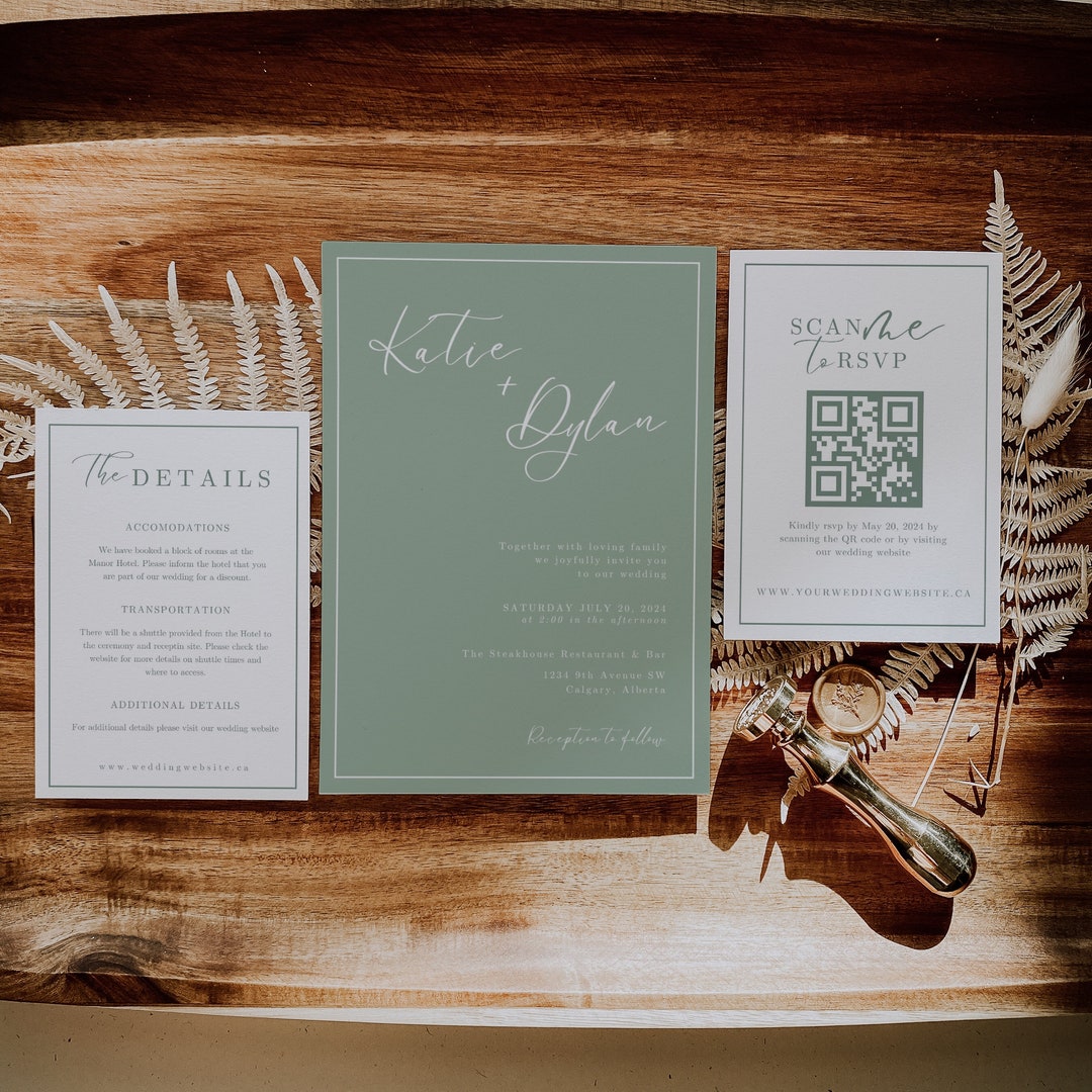 Minimalist Sage Green Wedding Invitation Suite: Boho Printable (digital ...
