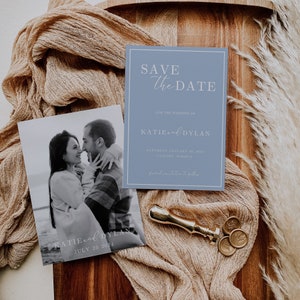 Moderne minimalistische Save the Date Karte mit Foto, INSTANT DOWNLOAD, einfach Save our date einladen, DIY bearbeitbare Vorlage, Dusty Blue EM02