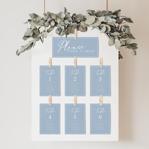 Minimalistische DIY-tafelnummerkaart sjabloon zitplaatsen tabel INSTANT DOWNLOAD Eenvoudige elegante bruiloft tabel zitplaatsen stoffig blauw EM02
