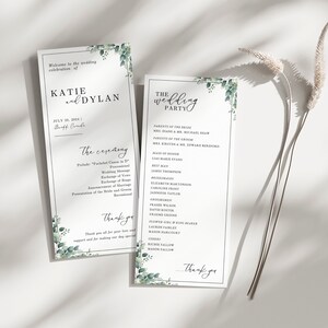 May include: A wedding ceremony program with green foliage accents. The program includes the names Katie and Dylan, the date July 20, 2024, and the location Banff Canada. The program also includes the order of the ceremony and a list of the wedding party.