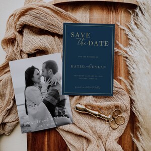 Moderne minimalistische Save the Date Karte mit Foto, INSTANT DOWNLOAD, einfach Save our date einladen, DIY bearbeitbare Vorlage, Navy Blue & Gold EM09