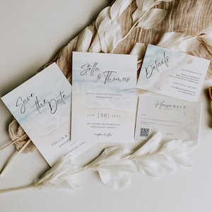Minimalist Beach Themed Save the Date and Wedding Invitation Suite Template Bundle INSTANT DOWNLOAD DIY Ocean Seashore Stationary Set FT04