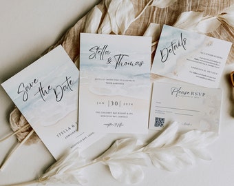 Minimalist Beach Themed Save the Date and Wedding Invitation Suite Template Bundle INSTANT DOWNLOAD DIY Ocean Seashore Stationary Set FT04