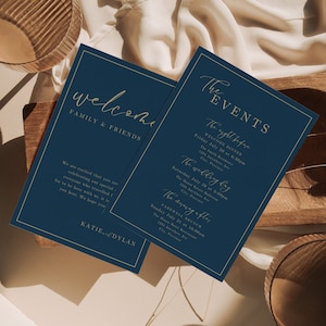 Plantilla minimalista de carta de bienvenida para boda y cronograma de eventos (descarga instantánea). Elegante nota de bienvenida para hacer tú mismo, azul marino y dorado (EM09).