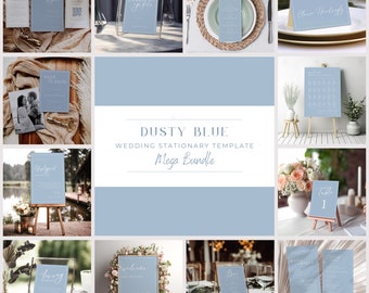 Könnte beinhalten: Mega-Paket mit Hochzeitsschriftzugvorlagen in staubigem Blau. Das Set enthält verschiedene Karten und Schilder mit Kalligraphietext, wie "Save the Date", "Karten & Geschenke", "Menü", "Willkommen", "Tisch 1" und "Liebevoll", die alle auf verschiedenen Oberflächen präsentiert werden.