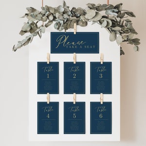 Modèle minimaliste de plan de table pour numéro de table à monter soi-même TÉLÉCHARGEMENT IMMÉDIAT Plan de table pour mariage simple et élégant bleu marine foncé et or EM09