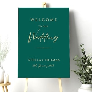 Elegante modello di cartello di benvenuto per matrimonio verde smeraldo e oro DOWNLOAD IMMEDIATO Decorazione per matrimonio fai da te stampabile verde scuro EG01