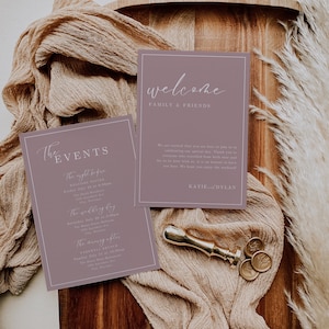 Plantilla minimalista de carta de bienvenida para boda y cronograma de eventos (descarga instantánea). Elegante nota de bienvenida para hacer tú mismo en rosa empolvado EM03.