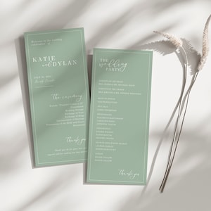 Plantilla personalizable de Canva para programa de boda minimalista (DIY) DESCARGA INSTANTÁNEA Tarjetas de programa imprimibles Verde salvia polvoriento EM04