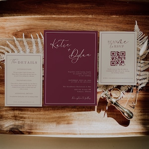 Modèle de suite minimaliste d'invitation de mariage Bourgogne, TÉLÉCHARGEMENT IMMÉDIAT, ensemble de papeterie de mariage d'hiver rouge foncé imprimable, EM08