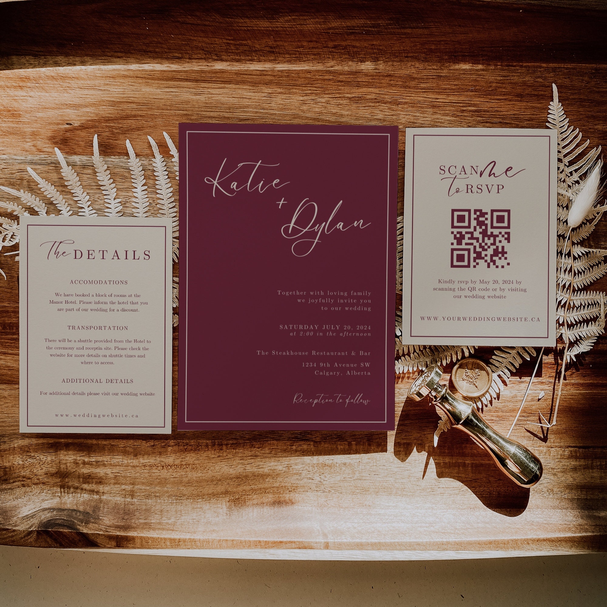 Minimalist Burgundy Wedding invitation suite template, INSTANT DOWNLOAD, printable dark red winter wedding stationary set, EM08