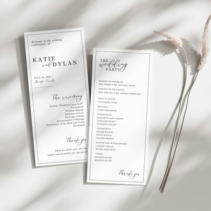 Puede incluir: Un programa de ceremonia de boda con un diseño en blanco y negro. El programa incluye los nombres Katie y Dylan, la fecha 20 de julio de 2024 y la ubicación Beef Creek. El programa también incluye la fiesta de bodas y el orden de la ceremonia.