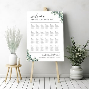 Plantilla de plano de asientos alfabético para boda, sencilla y elegante. DESCARGA INSTANTÁNEA. Imprimible. Letrero minimalista con diseño de eucalipto EM05.