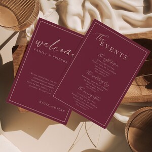 Plantilla minimalista de carta de bienvenida para boda y cronograma de eventos (descarga instantánea). Elegante nota de bienvenida para hacer tú mismo en color burdeos y rojo oscuro EM08.