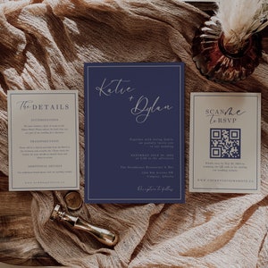 Plantilla minimalista de invitación de boda azul marino, descarga instantánea, set de papelería imprimible de boda azul oscuro de invierno, EM06