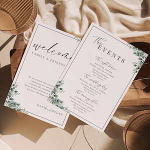 Plantilla minimalista de carta de bienvenida para boda y cronograma de eventos (descarga instantánea). Elegante nota de bienvenida DIY con eucalipto EM05.