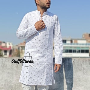 Embroidered Chikankari Kurta Pajama Set: Mirror Work Cotton