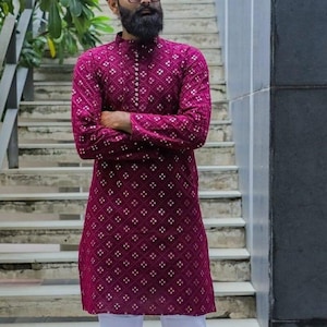 Embroidered Mirror Work Kurta Pajama Set: Indian Georgette Sherwani