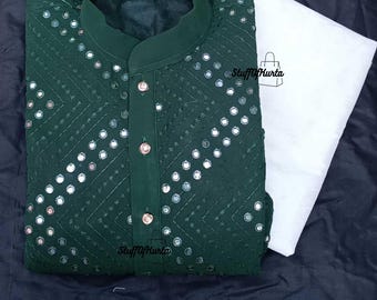 Set pigiama Chikankari Kurta ricamato, abbigliamento indiano con lavorazione a specchio