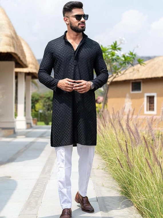 Black Men Heavy Chikankari Mirror Work Kurta Pajama Set Indian Wedding Wear  Outfit for Mens Ceremony Outfit - Etsy