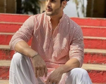 Ricamo etnico Kurta, Chikankari Kurta, set pigiama, kurta per uomini, abbigliamento indiano, regalo per uomini, abbigliamento da festival, abbigliamento da festa in ufficio, lui