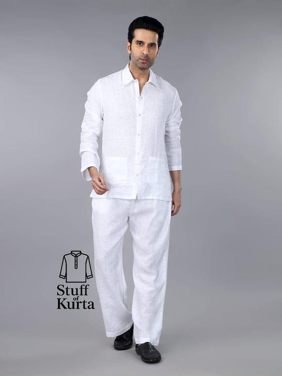 Conjunto de camisa y pantalón de lino blanco para hombre, ropa - Main Image