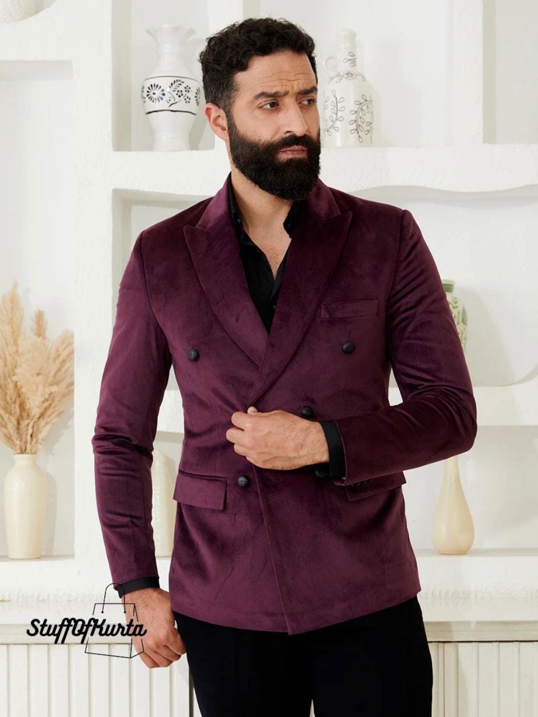 Burgundy Velvet Men's Blazer: Double Breasted Dinner Jacket - Etsy