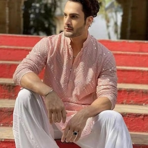 Peach Cotton Kurta Pajama Set: Mirror Work Embroidered Sherwani