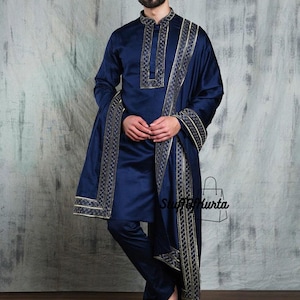 Indian Royal Blue Silk Satin Kurta Set With Zari Embroidery Duppta 3 Pieces Wedding Dress For Men SOK MEN'S Festive  Kurta Pyjama Sherwani
