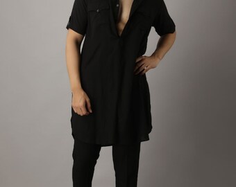 Set pigiama Kurta nero tinta unita: abbigliamento etnico indiano