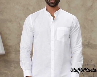 Men's White Linen Cotton Kurta Shirt: Chinese Collar Ethnic Wear