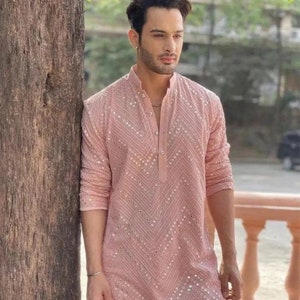 Peach Cotton Mirror Work Kurta Pajama Set: Embroidered Chikankari Sherwani