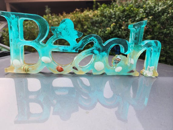 Custom Resin Beach Shelf Sign with Ocean Waves – Handmade Coastal Home Décor