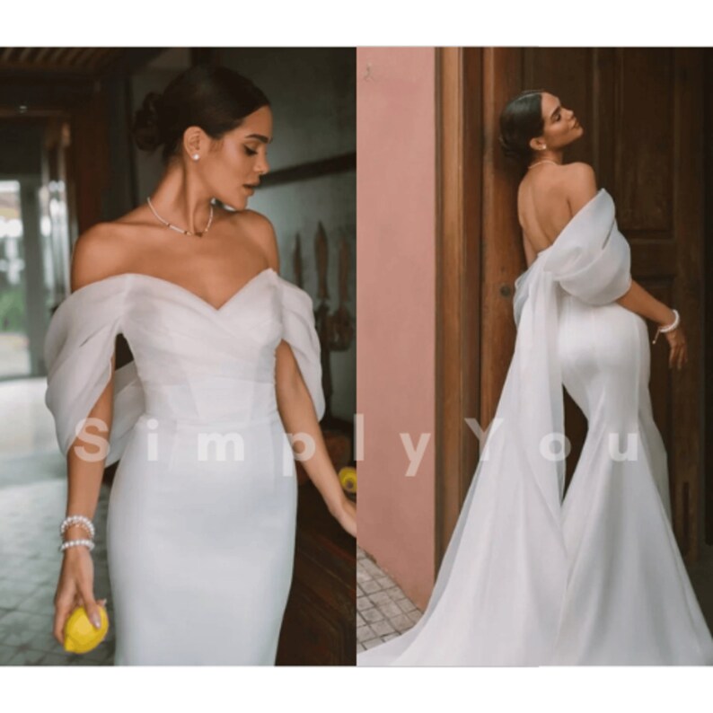 Mini Mermaid Sexy Wedding Dress Elegant Off Shoulder Puff Sleeves