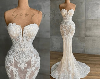 Exquisite Eleganz Meerjungfrau Spitze Brautkleid trägerlosen ärmellosen Luxus Kleid für die Braut