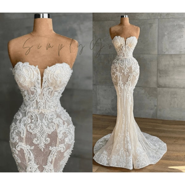 Exquisite Elegance Mermaid Lace Wedding Gown Strapless Luxury Sleeveless Dress For Bride