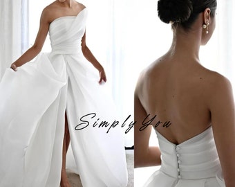 One Shoulder Organza Wedding Dresses Strapless A-Line Elegant Tulle Floor-Length  Bridal Gowns Buttons Custom Made