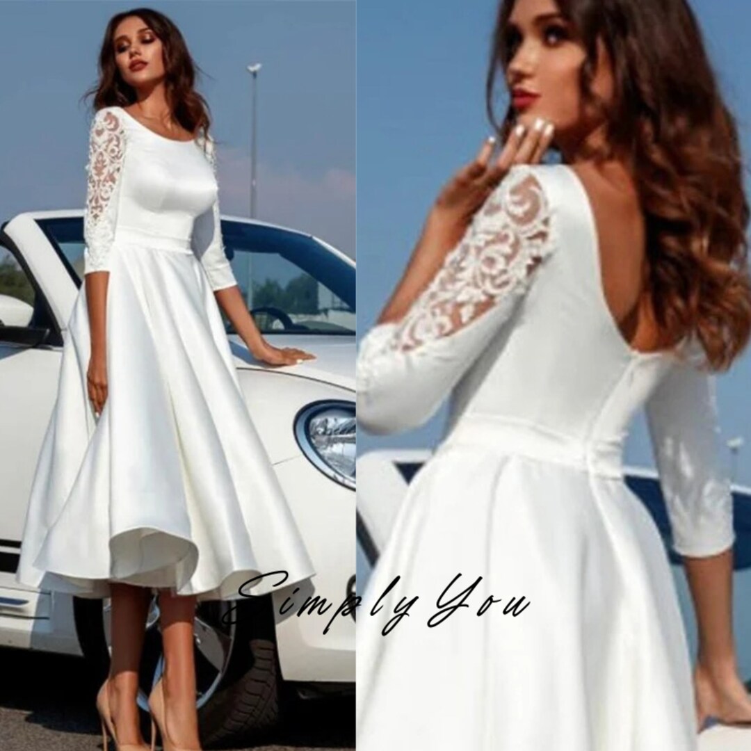 Scoop Belt 3/4 Sleeves Satin Beading Crystals Wedding Dress main image 1